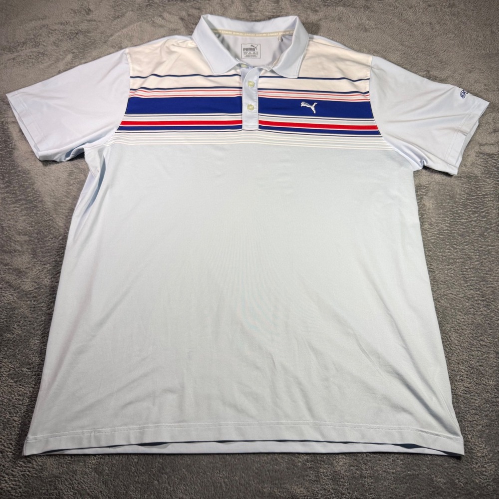 Puma Golf Mens XL Blue Striped DryCell Polo Shirt River Oaks Embroidered Logo‎
